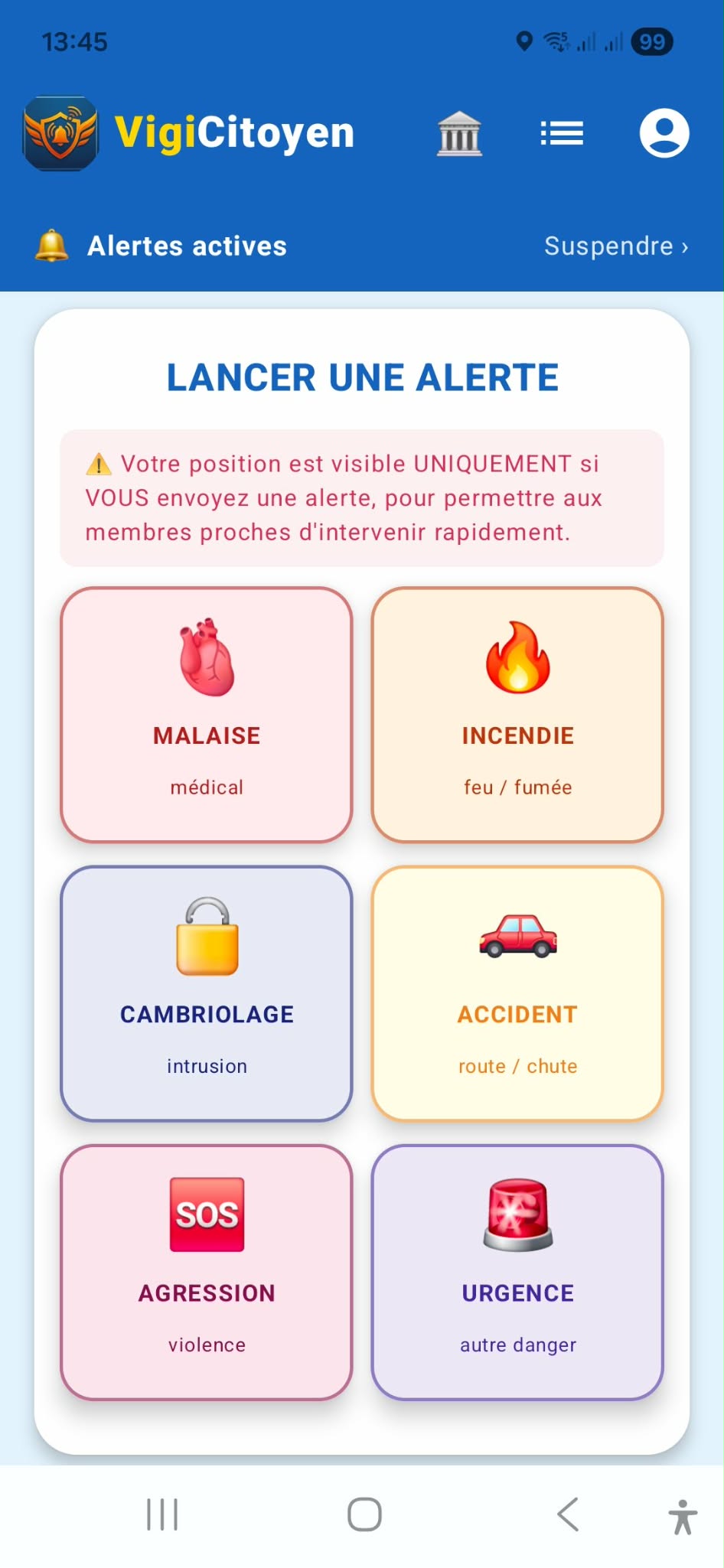 VigiCitoyen — écran principal